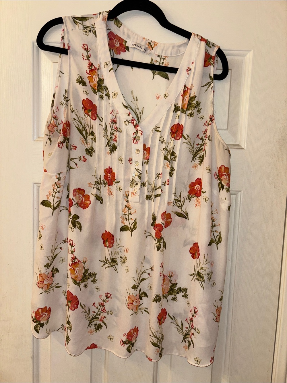 Rose and Olive Floral Sleeveless V-Neck Blouse -XL EUC